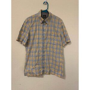 Saltaire Short Sleeve Check Men's Button-Down Shirt Size Medium Blue Orange I9